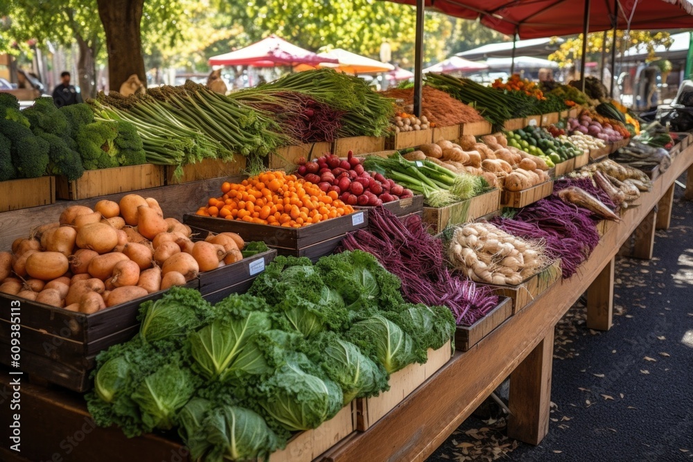 vegetable stand at farmers market, with fresh and colorful vegetables on display, created with generative ai