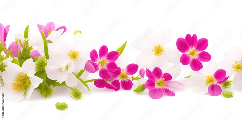 Delicate flowers against white background, place for text.