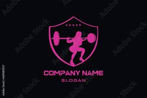 Fitness girl lifting weight, biceps training, vector logo element for gym