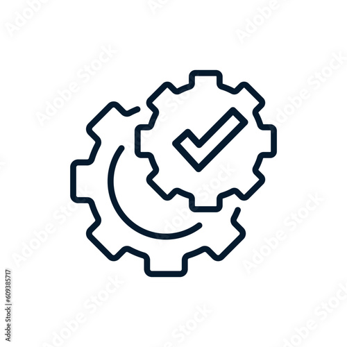 Gears and tick. Concept of technical service, compliance. Vector icon isolated on white background.