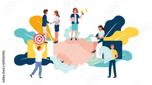 Business teamwork concept background. Businessman in business mechanism planing process, abstract background with gears, people brainstorming with strategy analysis. Flat vector illustration.