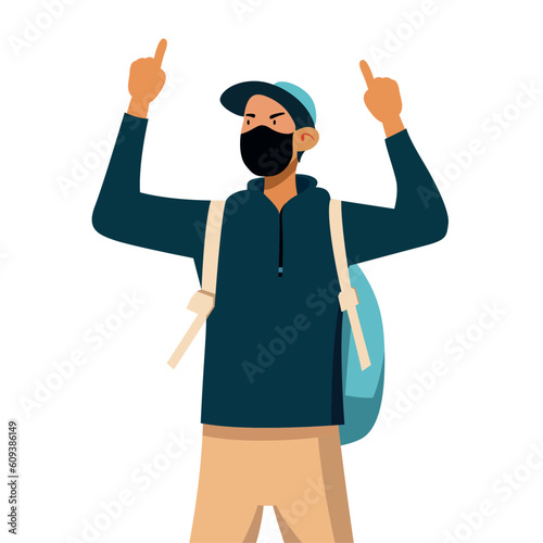Protestor wearing black mask and back pack vector illustration, antifa, antifascist vector image