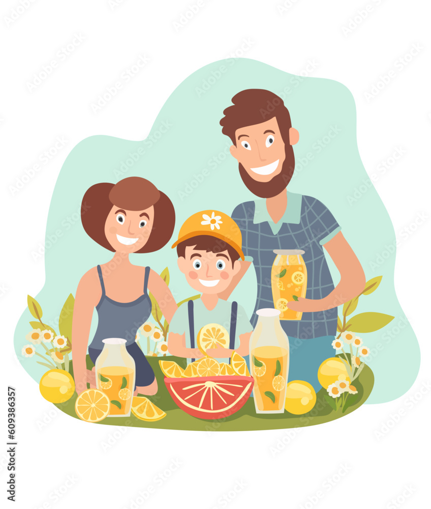 Happy family enjoys the outdoors while sipping refreshing lemonade and sharing moments of joy. This illustration portrays the essence of active recreation in nature. . Vector illustration