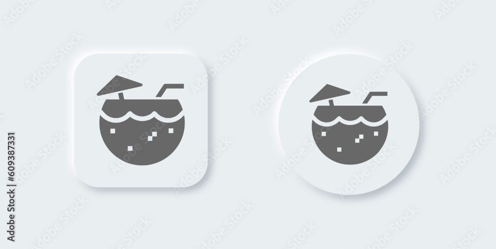 Coconut drink solid icon in neomorphic design style. Tropical signs vector illustration.