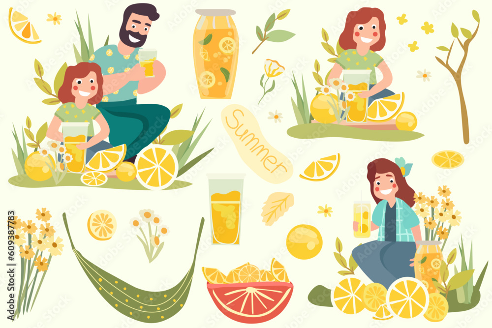 Happy family enjoys the outdoors while sipping refreshing lemonade and sharing moments of joy.Fruit drink, mother, father and child, flowers.Picnic on the nature.Poster for your design. Vector. Happy family enjoys the outdoors while sipping refreshing lemonade and sharing moments of joy.Fruit drink, mother, father and child, flowers.Picnic on the nature.Poster for your design. Vector.