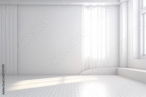 Abstract white studio background for product presentation. Empty room with shadows of window. Display product with blurred backdrop.