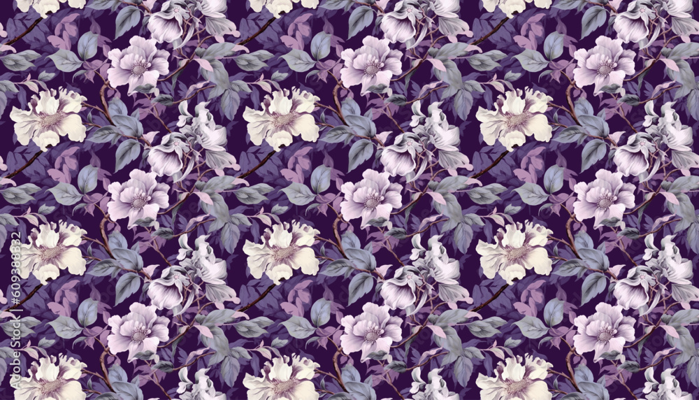 Seamless floral pattern with purple flowers and leaves. Floral fabric and textile wallpaper	