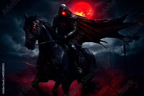 A man riding on the back of a horse in front a red moon. Generative AI