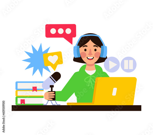 Podcast host. Woman in headphones sits at a table with a laptop and a microphone. Radio show. Vector graphic.