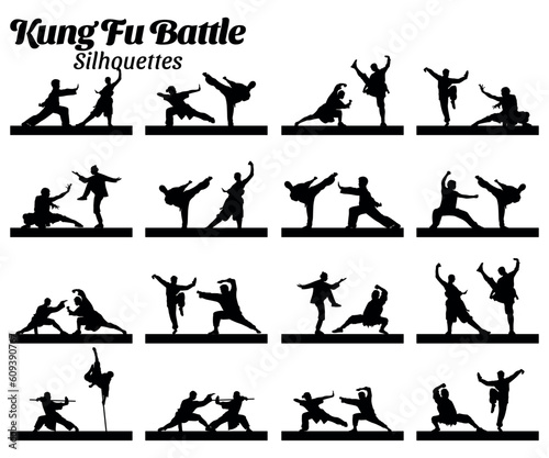 Kung fu battle silhouettes vector illustration set