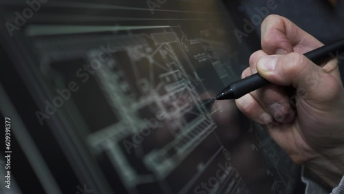 Creative artist engineer designer working with digital blueprint on interactive tablet pc pen. ProRes stock footage