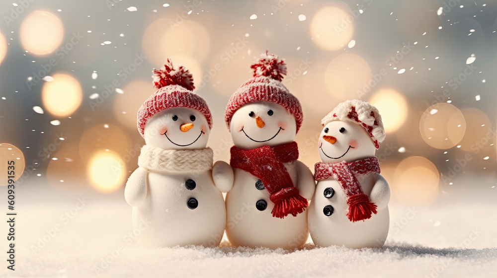 Three happy snowmen in knitted hats and scarves against a snowy background and beautiful bokeh. Family.Merry christmas and happy new year. Christmas card.Generative AI