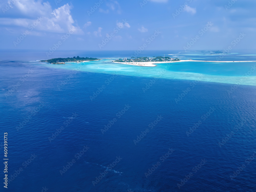 An aerial view of Kandoomaa Fushi (left) and Guraidhoo (right) Islands, Maldives