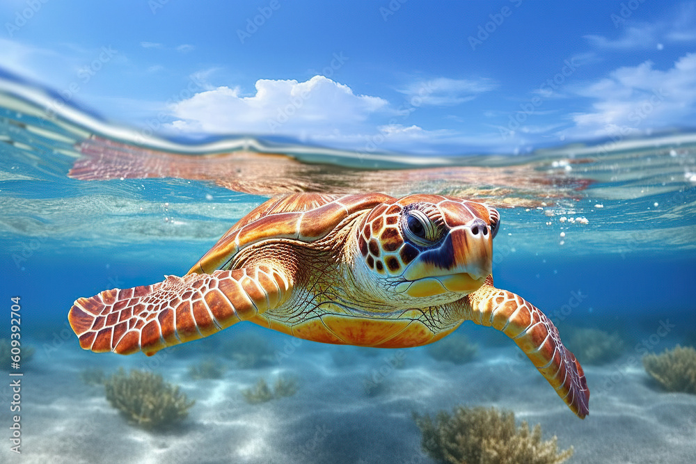 Fototapeta premium summer bank holiday, beautiful turtle swimming on blue sea, generative ai
