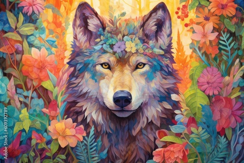 wolf standing amidst a forest filled with vibrant flowers and magical elements, emphasizing the enchantment and allure of the natural world