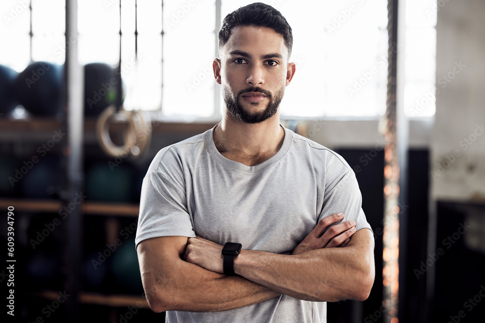 Fitness exercise and portrait of a serious man at gym for a training workout with focus