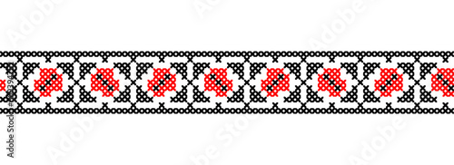 Ukrainian folk, ethnic pattern. Vector ornament, seamless border. Ukrainian folk, ethnic geometric embroidery. Pattern in red and black colors. Pixel art, vyshyvanka, cross stitch