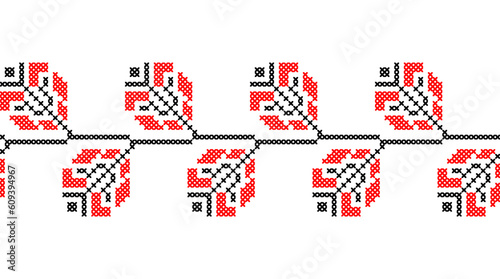 Ukrainian pattern. Vector ornament, seamless border. Ukrainian folk, ethnic geometric embroidery. Pattern in red and black colors. Pixel art, vyshyvanka, cross stitch