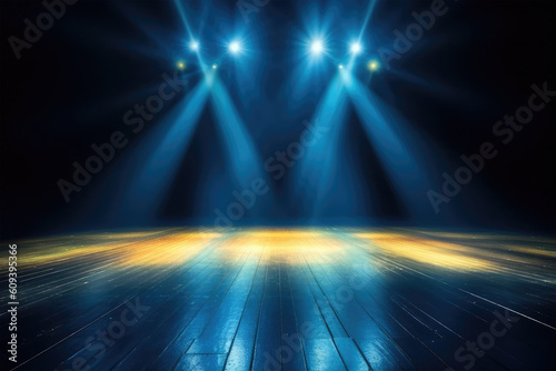 spotlights shine on stage floor in dark room