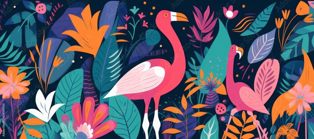 colorful illustration with tropical flowers, leaves, flamingo and birds. Brazil tropical pattern, Generative AI
