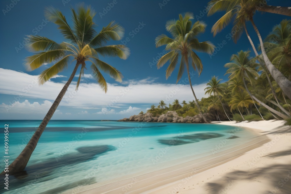 Fototapeta premium Ai generation Serene Beachscape with Palm Trees and Turquoise Waters