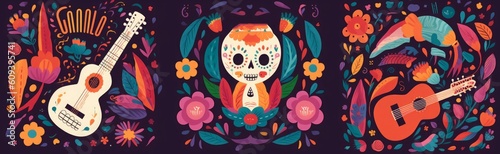 Beautiful illustrations with design for Mexican holiday 5 may Cinco De Mayo. template with traditional Mexican symbols skull, Mexican guitar, flowers, red pepper. Mexico, Generative AI © Divyesh