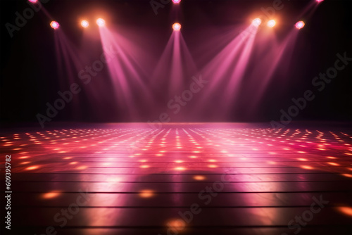 spotlights shine on stage floor in dark room