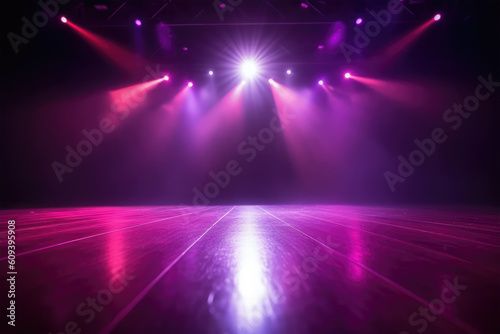 spotlights shine on stage floor in dark room