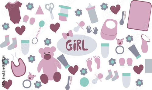 Baby flat doodle set hand drawn. Stock vector illustration for design elements, textile prints, cover, logo