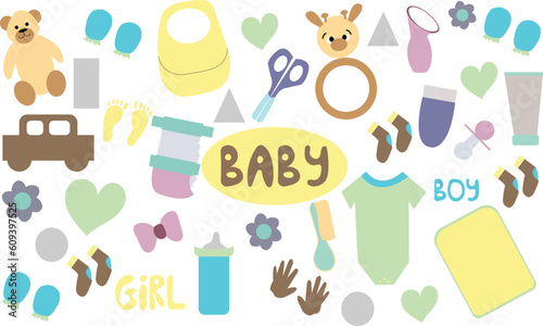Baby flat doodle set hand drawn. Stock vector illustration for design elements, textile prints, cover, logo