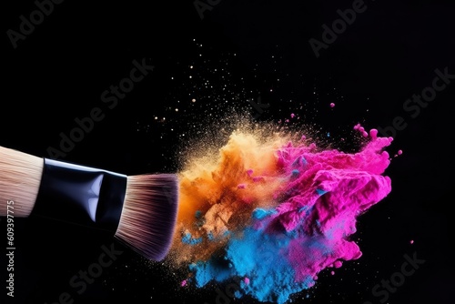 Cosmetic brushes and explosion colorful powders on black background. Make up brush with powder © Neda Asyasi