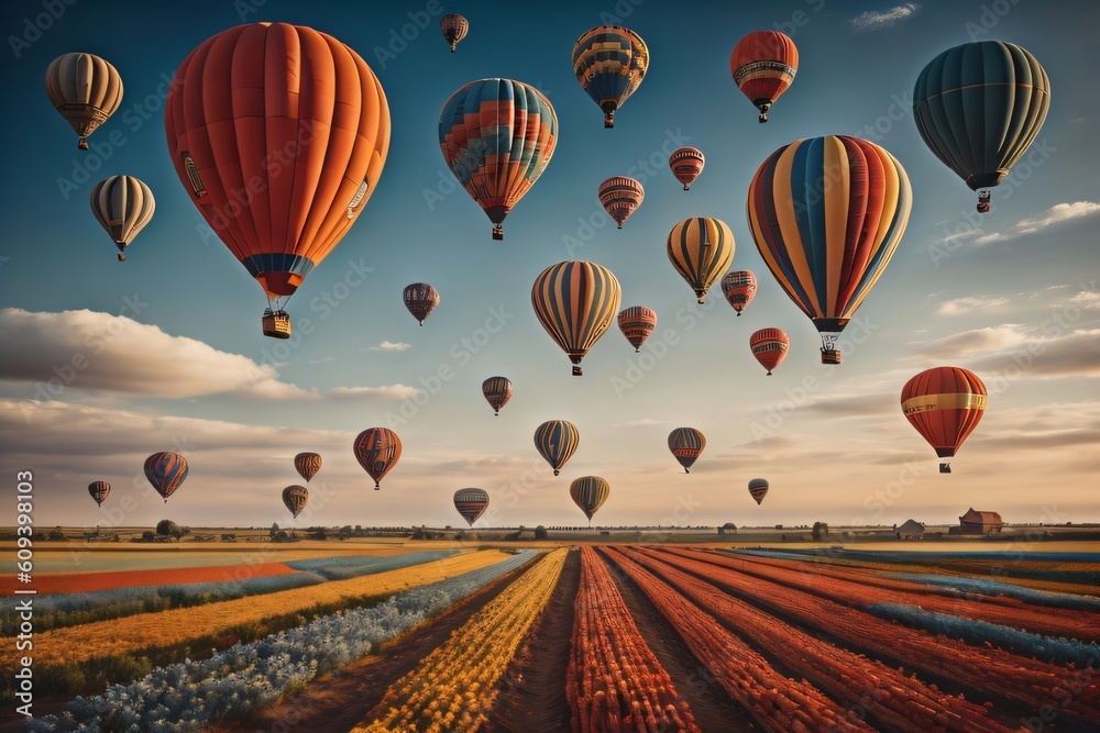 Whimsical Hot Air Balloons Floating Above a Patchwork of Colorful Fields ai generates