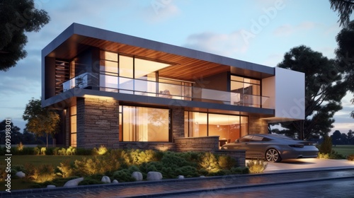 Modern Flat-Roofed House Featuring Large Windows. Home Design Inspiration. Generative AI. © Avidor Studio