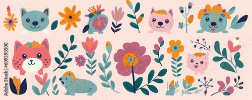 Colourful cartoon collection with cute dog, flowers and bouquets, Generative AI © Divyesh