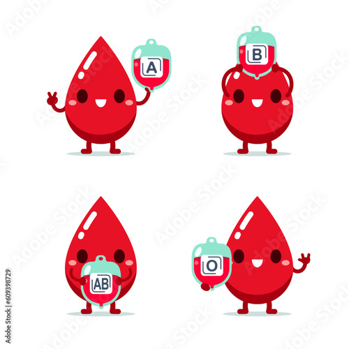 Cute Cartoon Red Droplet holding Type of blood Bag isolated on white background. Give Blood for poster, banner, and background. Vector illustration flat design. blood donation day concept.