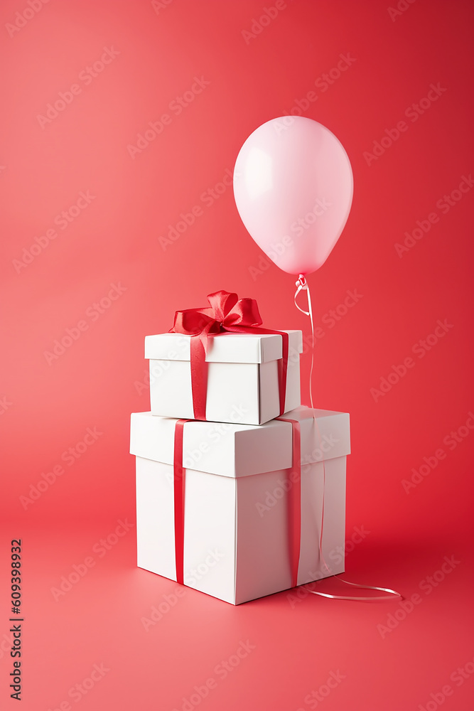 White gift box with red ribbon and white balloon on pink background, generative AI tools