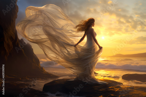 Woman with wind blown white dress standing on the shore at dawn. Generative AI