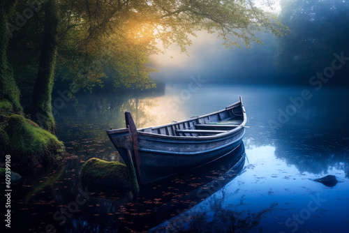Empty wooden boat on the shore of a still blue lake in early morning dawn mist. Generative AI © Sunshower Shots