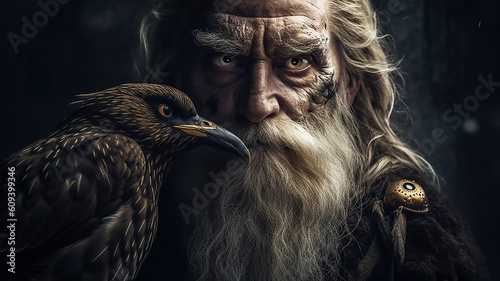 Scandinavian god Odin,  his crows sit on his shoulders, generative AI tools  photo