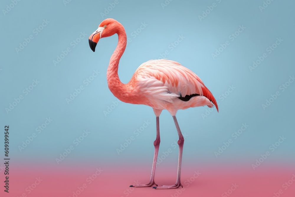 Fototapeta premium Pink flamingo isolated on blue background. Minimal design. Created with Generative AI tools