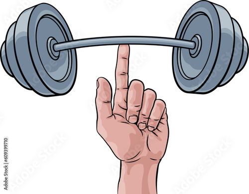 A super strong weight lifting or weightlifting hand holding a heavy barbell or dumbbell with one finger concept.