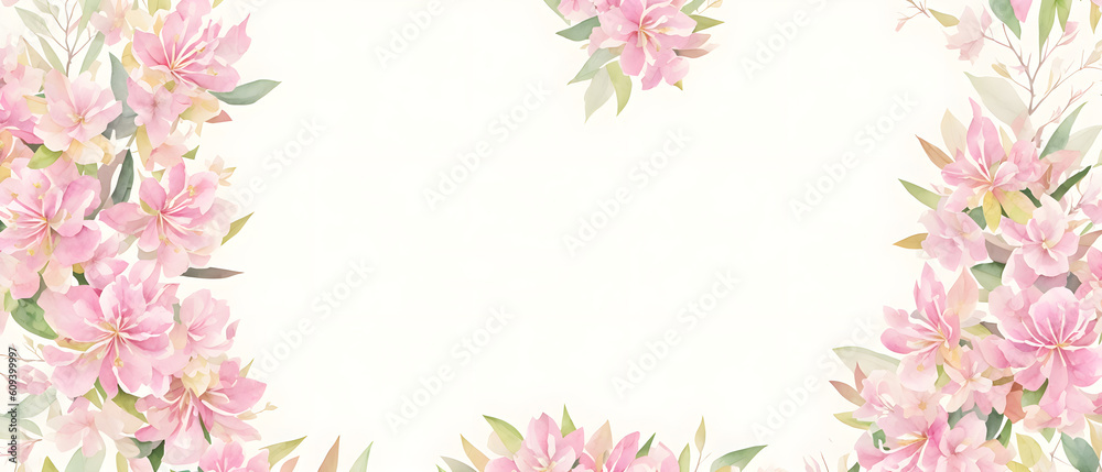 Floral background with place for text. Flowers Rhododendron with a frame. Decorative item for Wallpaper, wrapping paper and backgrounds, postcards and wedding invitations. Generative AI.