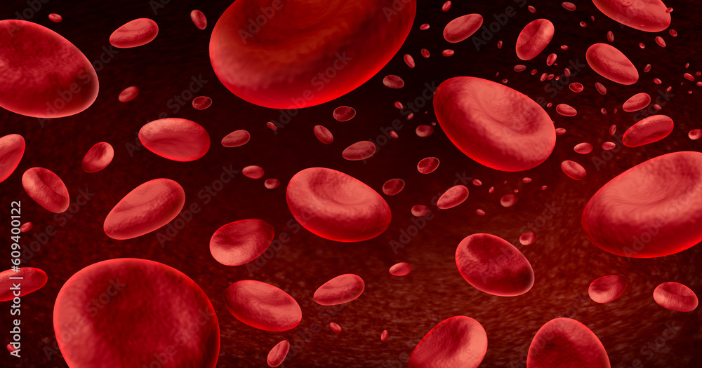 Blood cells Background and Hematology with blood as a concept of the immune system through immunology as microscopic biology hemoglobin symbol inside the human body - obrazy, fototapety, plakaty 