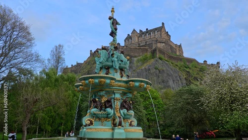 Ross Fountain and Edinburgh Castle in city of Edinburgh, Scotland, UK. photo