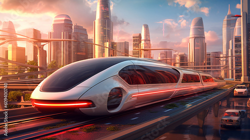 Visualize the future of transportation with an image of a sleek electric vehicle gliding along a futuristic cityscape, highlighting the eco - friendly and innovative aspects, Generative AI