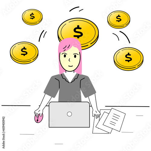 illustration of girl working in front of laptop with money icon on the background 