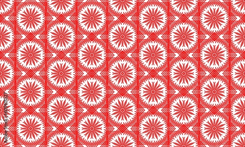 decorative red and white seamless pattern. abstract ornament. the sun. flower. pion. Scandinavian motif. lace. interlacing. horizontal cover. embroidery.