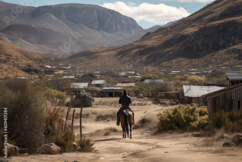 Man in hat riding horse enters dilapidated old town in wild west with mountains visible in distance, created with Generative AI.