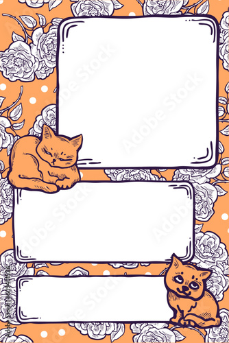 Cat frame decorative vector background template with empty space for birthday greeting card, announcement or invitation, veterinarian information. Hand drawn illustration, cartoon style character.