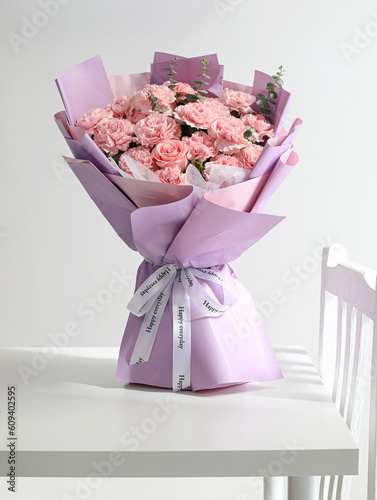 Bouquets of carnations on a white tabletop